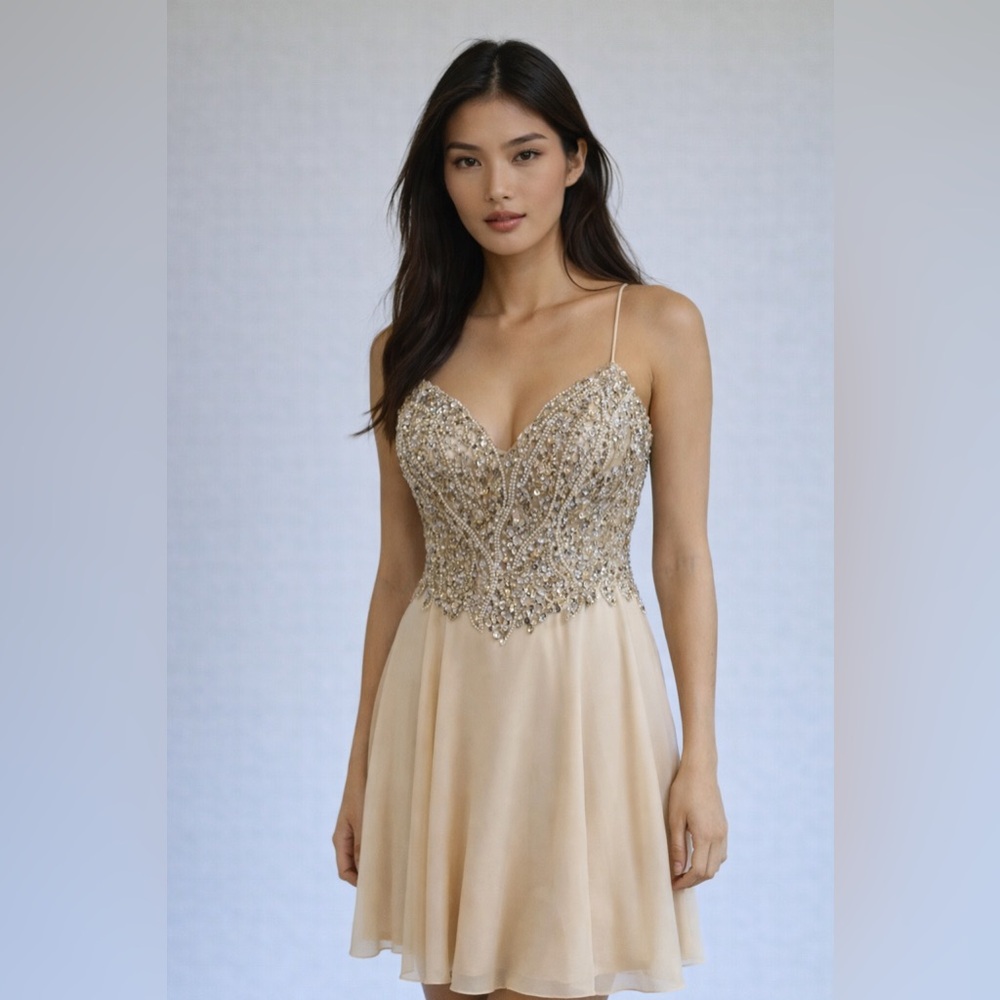 Terani Couture Light Pink Strapless Chiffon And Sequin Formal Midi Dress